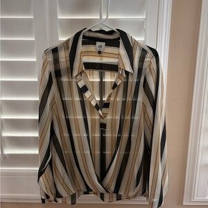 CAbi Sheer Blouse with Black, Tan, and Cream Stripes